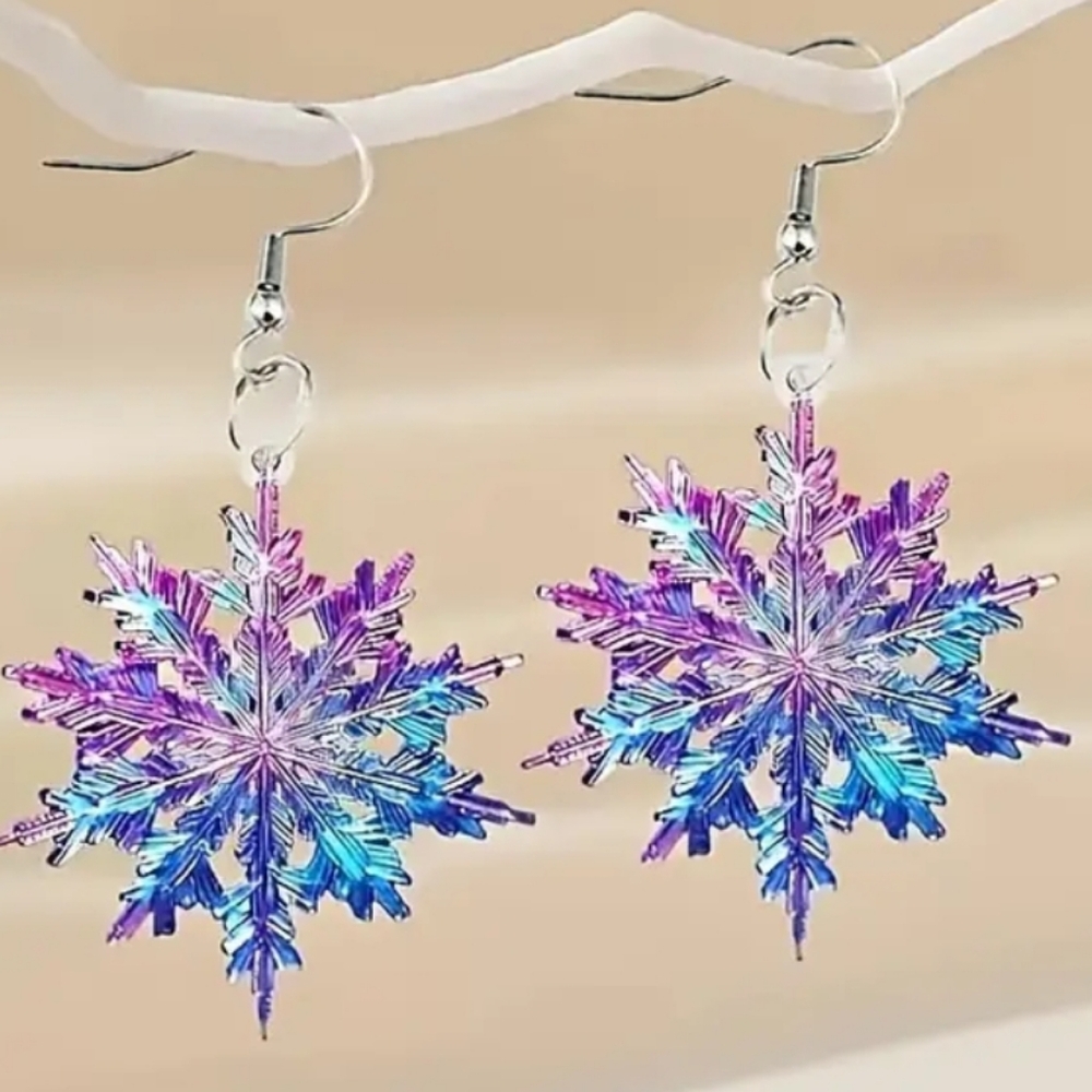 Iridescent Purple Blue Snowflake Drop Earrings